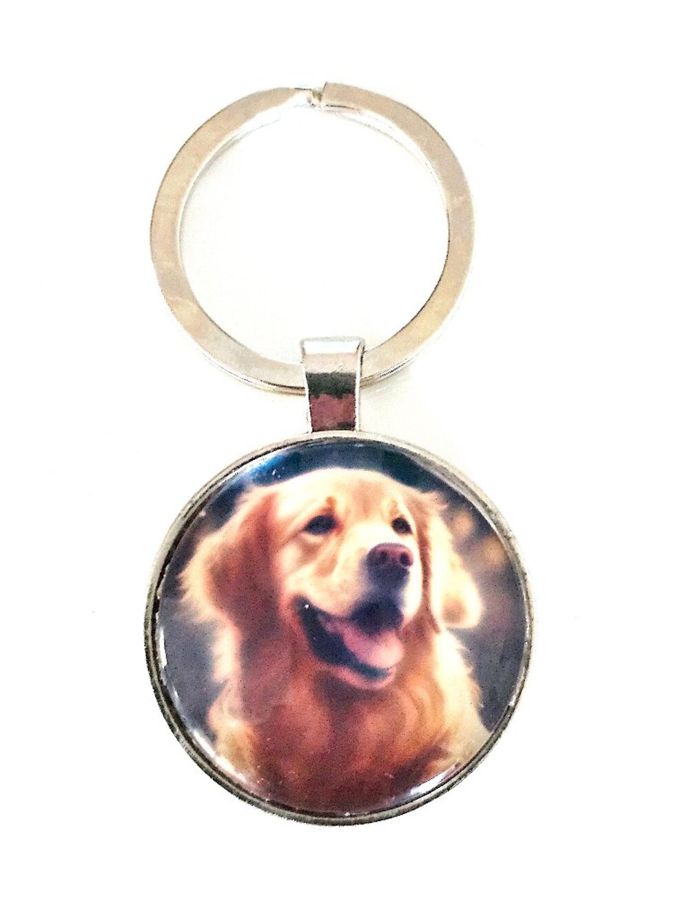 Golden Retriever Keychain, Unisex, Glass Cabochon, Smiling Dog Silver Tone Gift